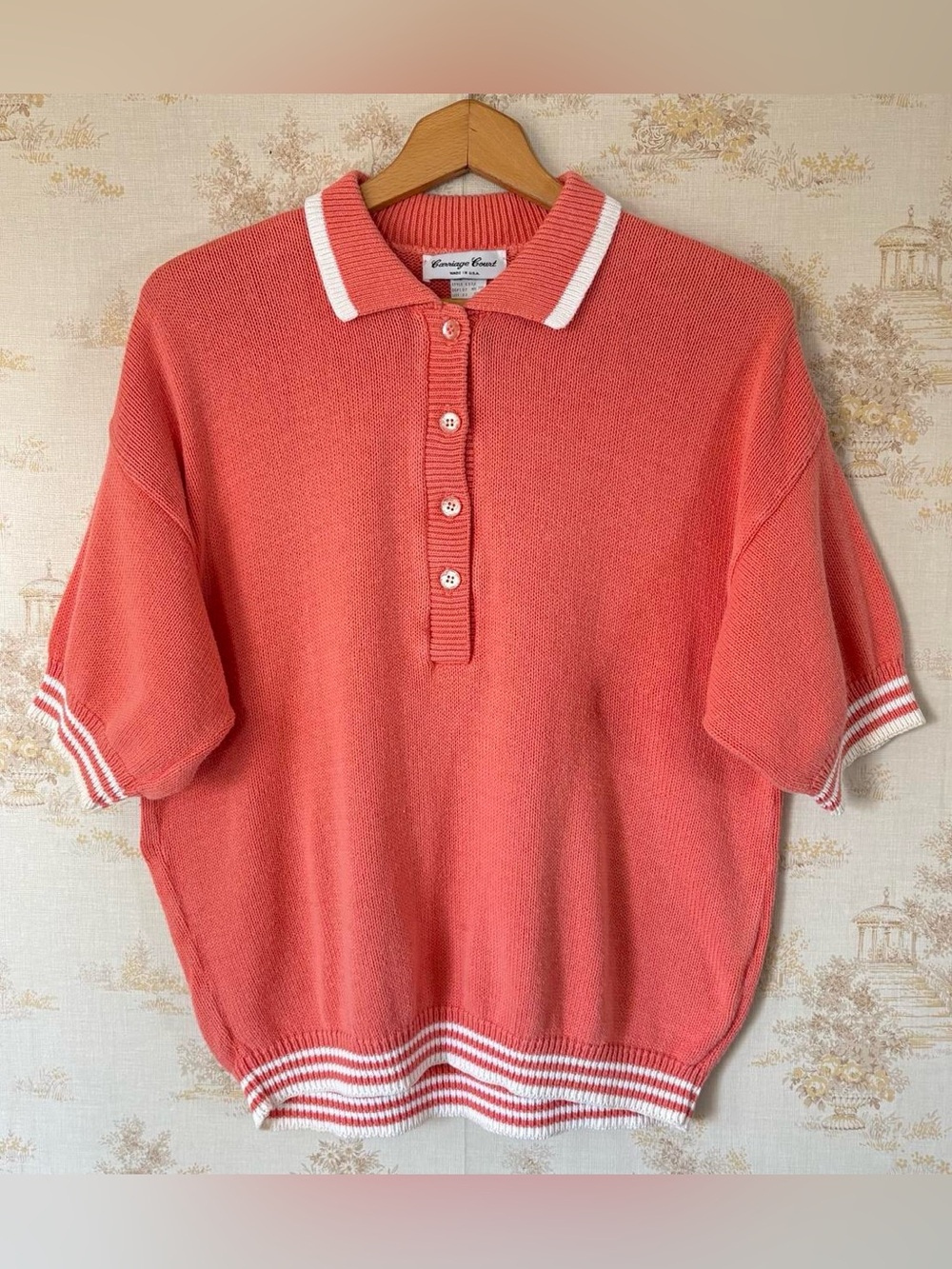 Vintage 80s Coral Pink Orange Preppy Knit Polo Sweater Tennis Country Club L